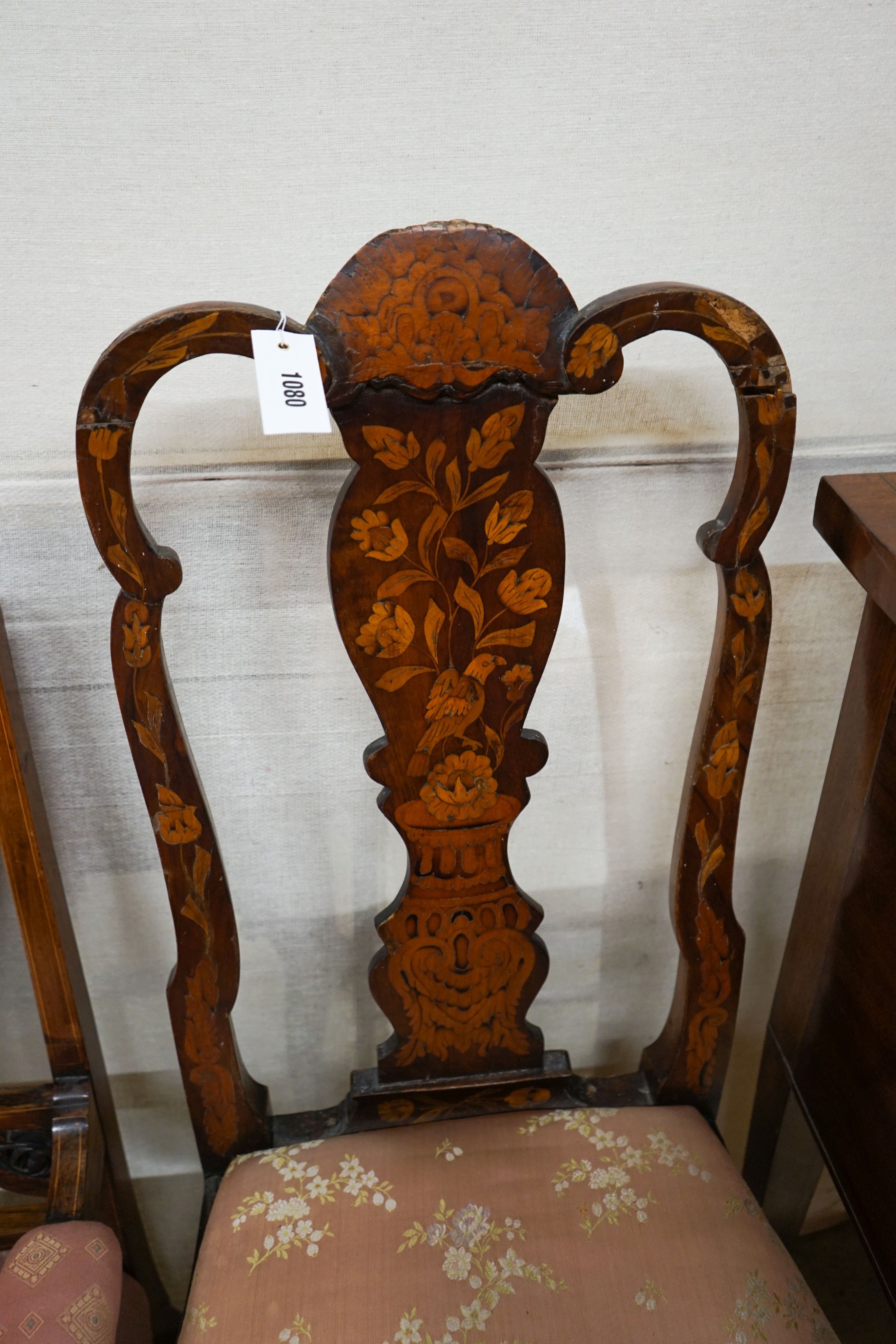 An 18th century Dutch marquetry inlaid walnut dining chair